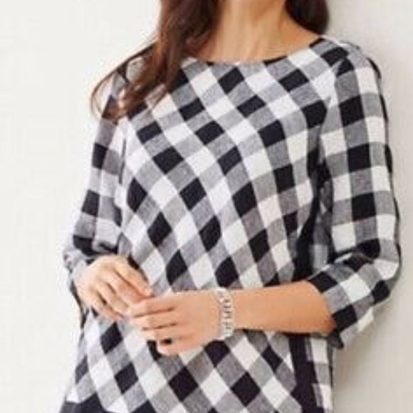 J. Jill Buffalo Plaid “love linen” 3/4 Sleeve Top Petite - Picture 2 of 8